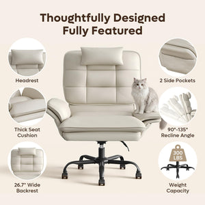 Cross Legged Office Chair Criss Cross Chair with Adjustable Arms 135° Reclining PU Leather Executive Chair with Wheels Big and Tall Computer Desk Chair for Home Office Beige