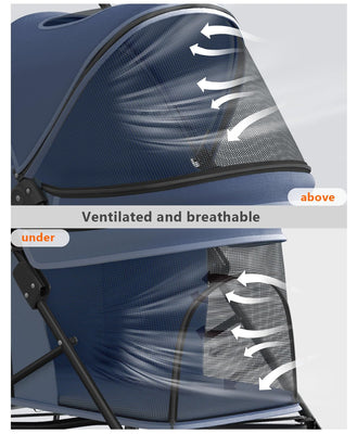 Pet Stroller with 4 Wheels for Small/Medium Pets, Portable Travel Foldable Carrier Jogger for Dog Cat Puppy Kitty, Rear Wheel Breaks, Storage Basket, Visible Mesh Weather Cover (Navy Blue)