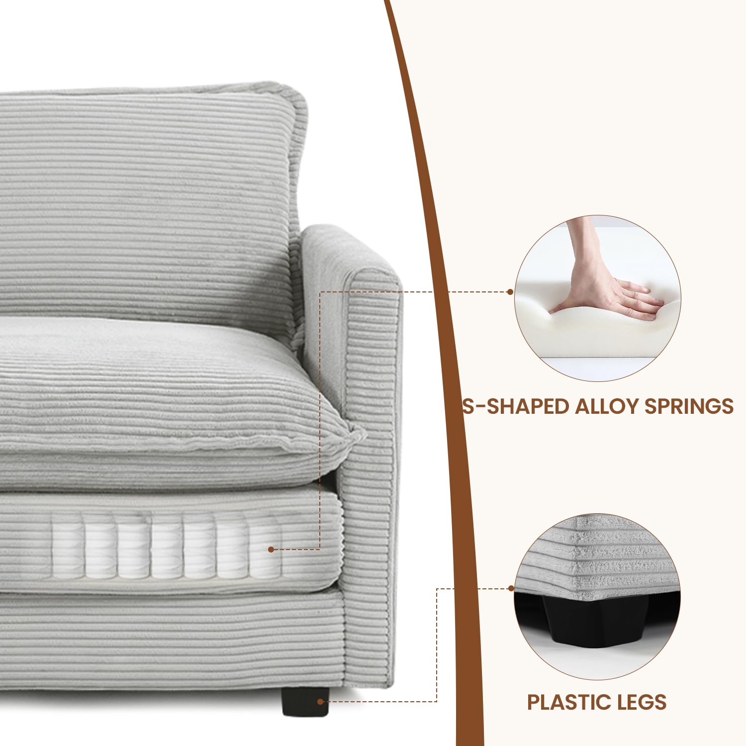 Single Armchair with Ottoman, Modern Corduroy Cloud Couch with Convertible Chaise, Upholstered Sofa Set for Living Room, Light Grey
