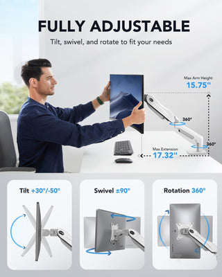 Single Monitor Mount, 13 to 32 Inch Gas Spring Monitor Arm, Adjustable Stand, Vesa Mount with Clamp and Grommet Base - Fits 4.4 to 19.8lbs LCD Computer Monitors