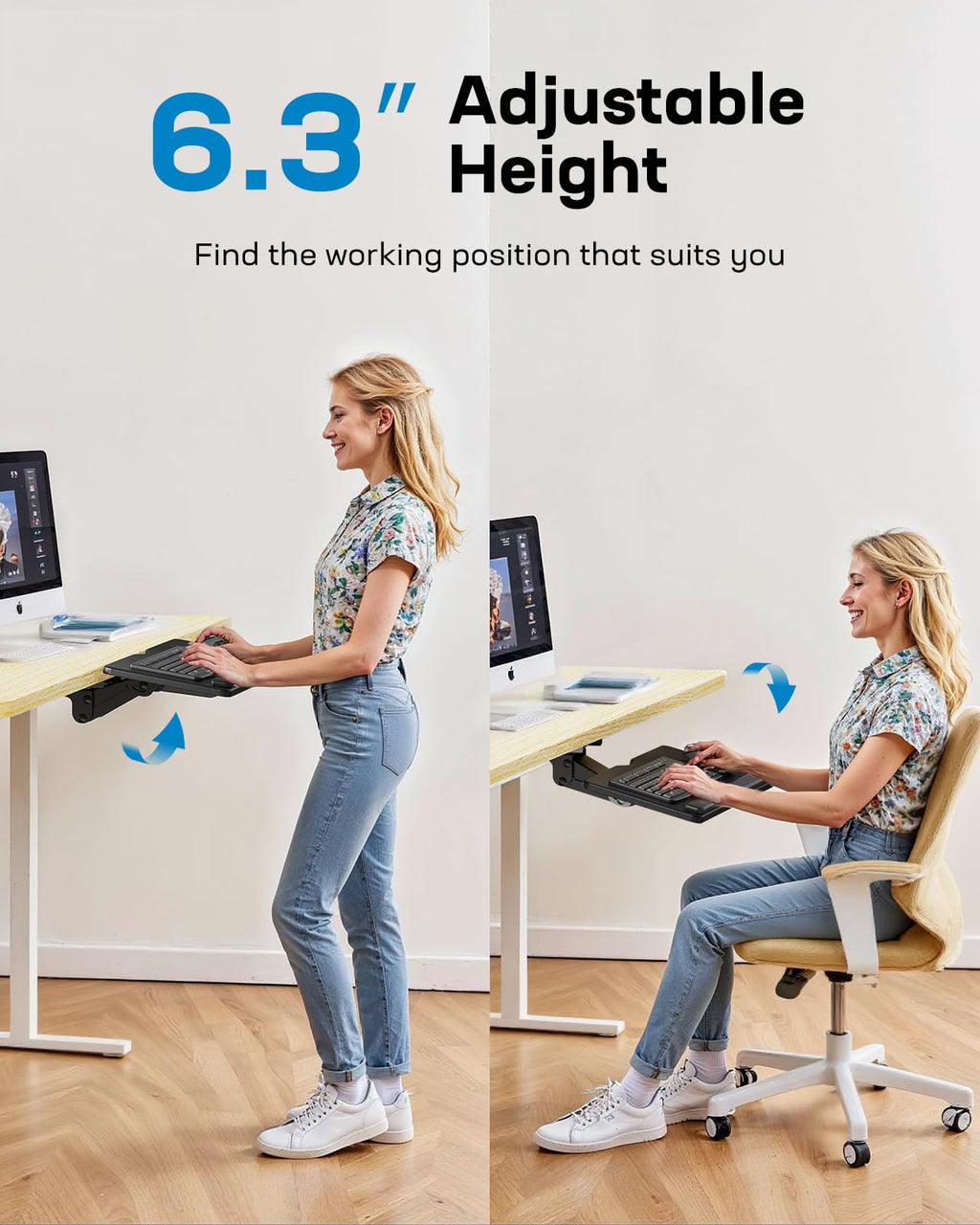Keyboard Tray Under Desk, Adjustable Ergonomic Keyboard & Mouse Tray, Flat Bottom Or Cross Beam Installation, Smooth Sliding Keyboard Holder for Typing in Home Office, Easy Setup, 25″W x 9.84″D