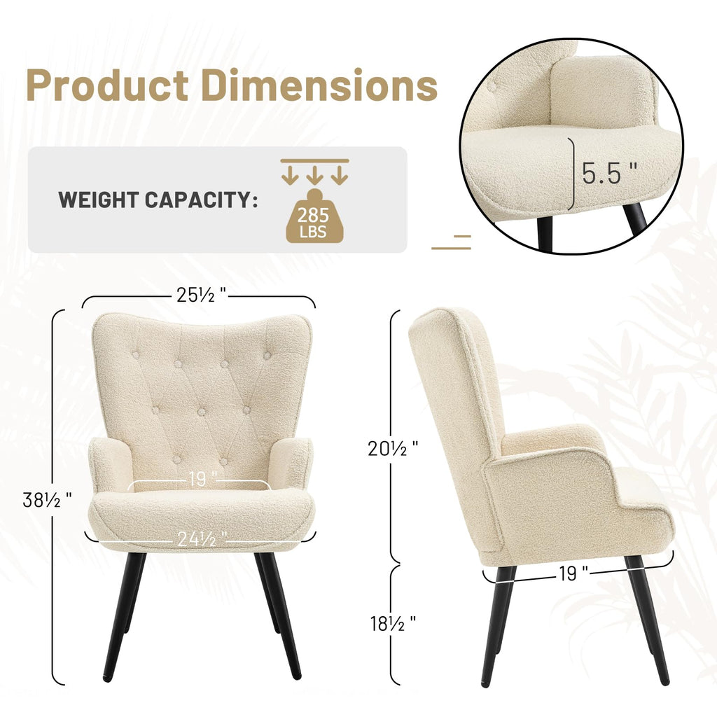 Boucle Accent Chair for Living Room, Upholstered Reading Chair with High Backrest, Tufted-Button Wingback Armchair for Bedroom, Dressing Room, Home Office, Ivory White, Set of 2