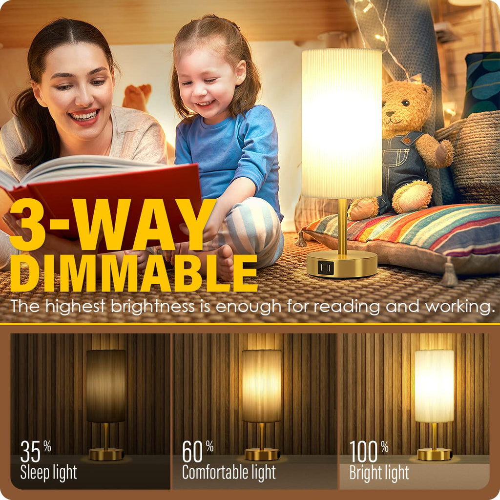 Bedside Lamp with USB port - Touch Control Table Lamp for Bedroom Wood 3 Way Dimmable Nightstand Lamp with Round Pleated Shade for Living Room, Dorm, Home Office (LED Bulb Included) (Pleated)