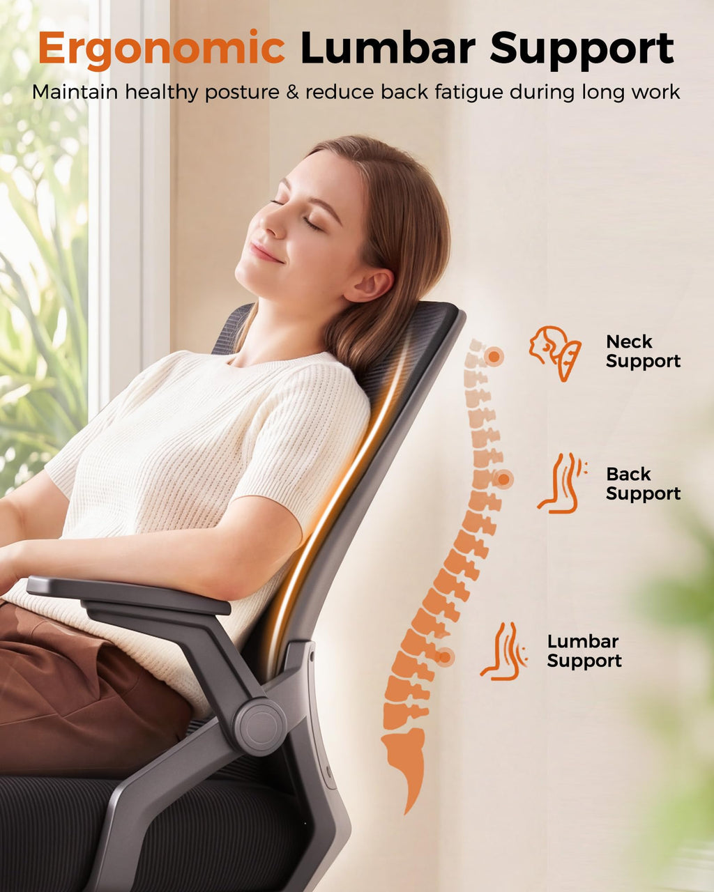 Ergonomic Office Chair with Flip-up Armrests Executive Computer Chair for Home Office, Breathable Mesh & Comfy Lumbar Support, Black