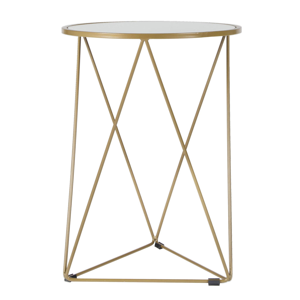 Metal Accent Table Triangle Base Round Mirror Top, Gold