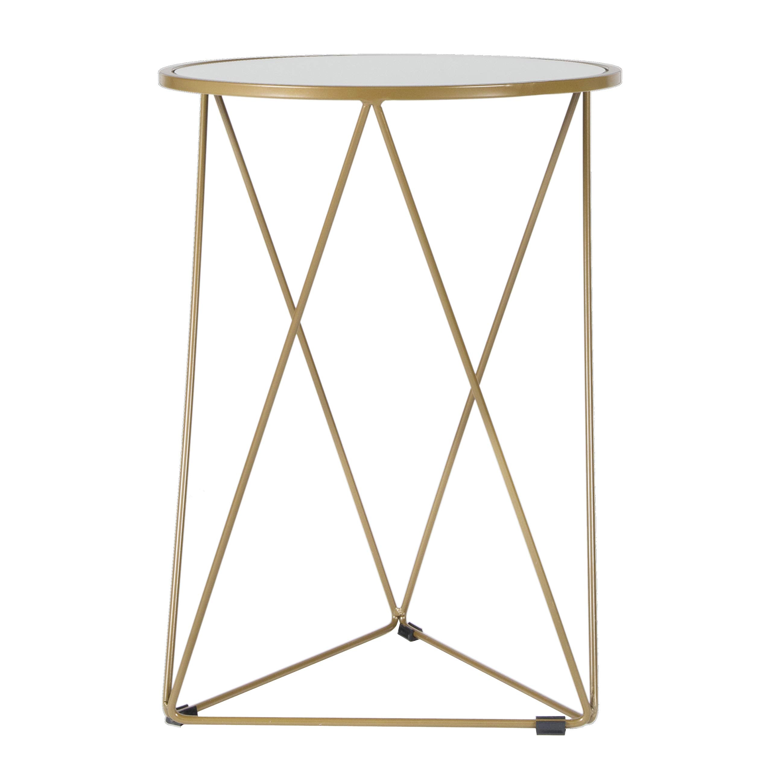 Metal Accent Table Triangle Base Round Mirror Top, Gold