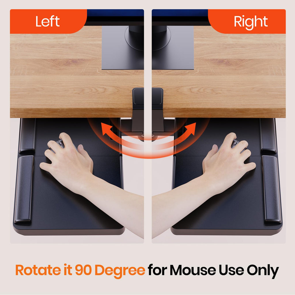 Keyboard Tray Under Desk with 360° Rotation, Ergonomic Computer Keyboard & Mouse Tray 25"W×11.02"D Sit Stand Desk Keyboard Holder w/Wrist Rest & Storage Drawer (Height is not Adjustable)