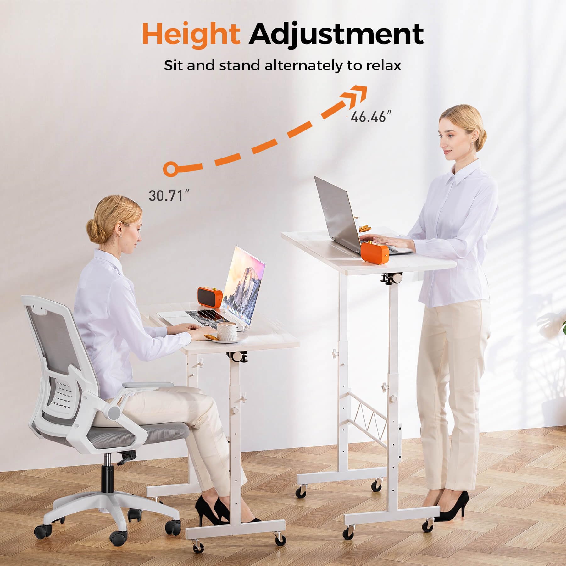 Standing Desk Adjustable Height & Tiltable Tabletop, Portable Stand Up Desk for Laptop, Mobile Folding Desk for Home Office Work and Walking Pad Treadmill, Height 30.7"-46.4", White