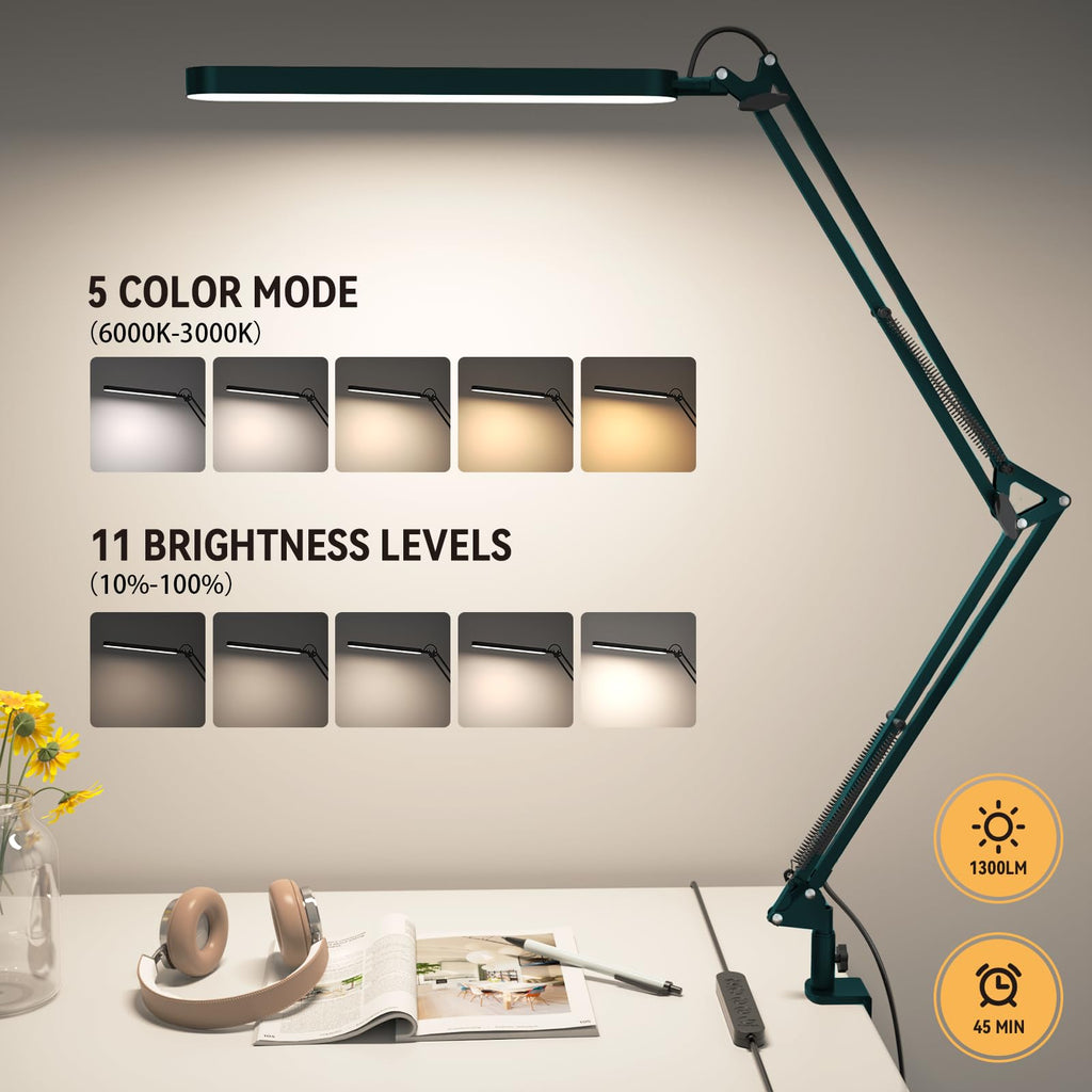 Desk Lamp - LED Desk Light - 5 Color Modes X 11 Brightness Levels - Adjustable Swing Arm - Timmer & Memory Function - 12W Lamp for Desk - Green