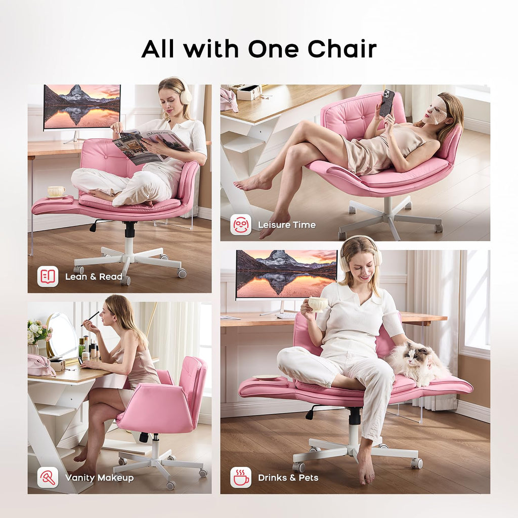 Criss Cross Office Chair, PU Leather Vanity Chair with 5-Level Adjustable Armrests & Swivel, Ergonomic Criss Cross Chair for Home Office Bedroom Makeup（Pink）