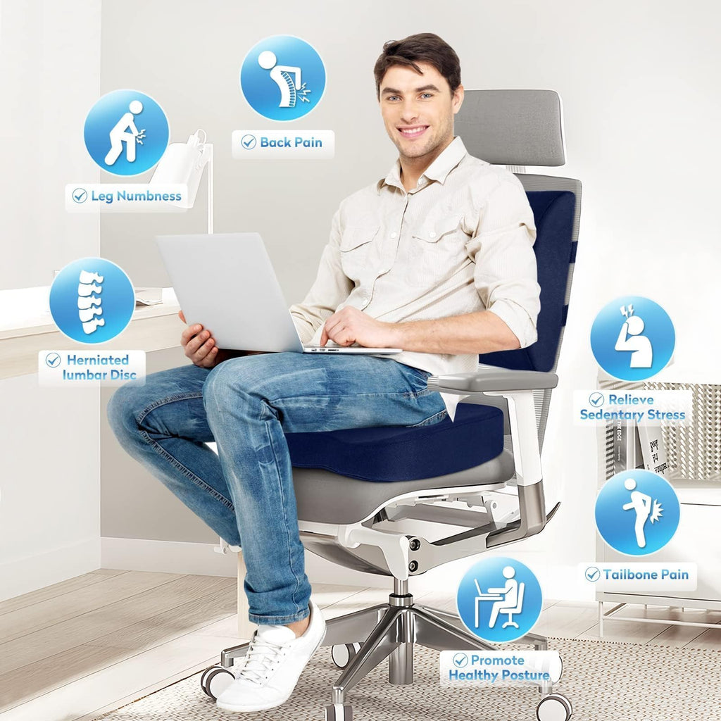 Lumbar Support Pillow & Seat Cushion Set for Office Chair, Desk Chair, Wheelchair & Car – Memory Foam Back Support, Ergonomic Chair Cushions, Sciatica Pain Relief, Home Essentials, Blue