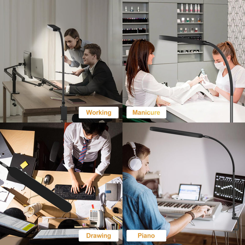 Led Desk Lamp - Desk Light for 33.5" Tall - Flexible Gooseneck - 5 Color Modes X 11 Brightness Levels - 1300LM - Timmer & Memory Function - 12W Clip on Light - Black