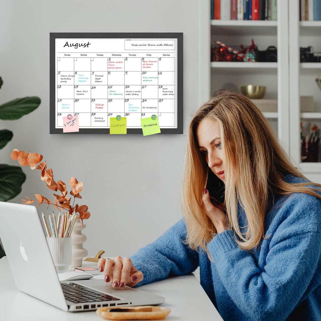 Dry Erase Calendar for Wall, 17x13 Inches Calendar Whiteboard for Wall, Small Magnetic Monthly White Board with Wood Framed, Hanging Dry Erase Board for Kitchen Home Office School Planner