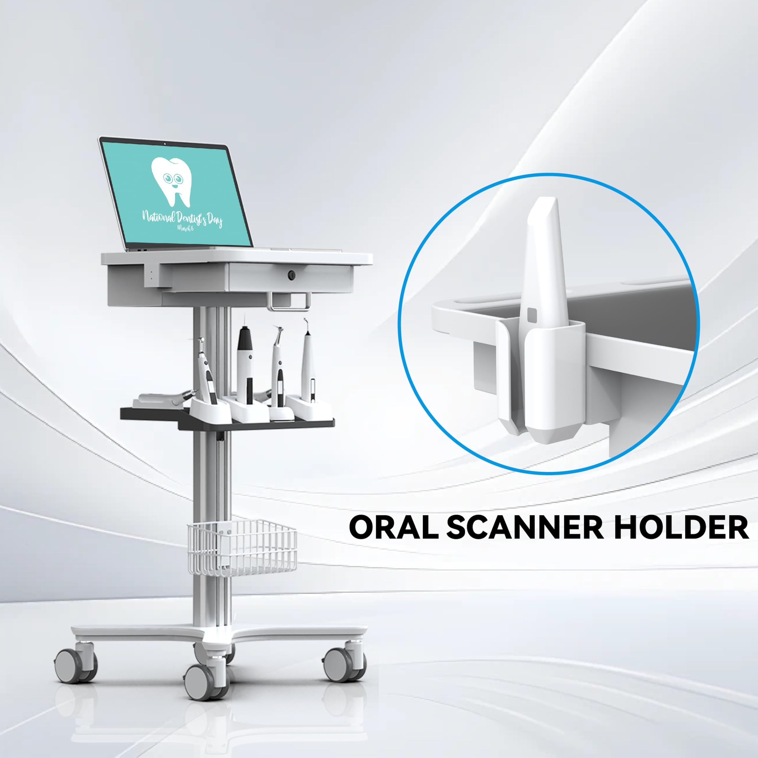 Medical Trolley Cart with Laptop Tray, Mobile Dental Clinic Workstation with Oral Scanner Holder for Hospitals Beauty Salon and Labs