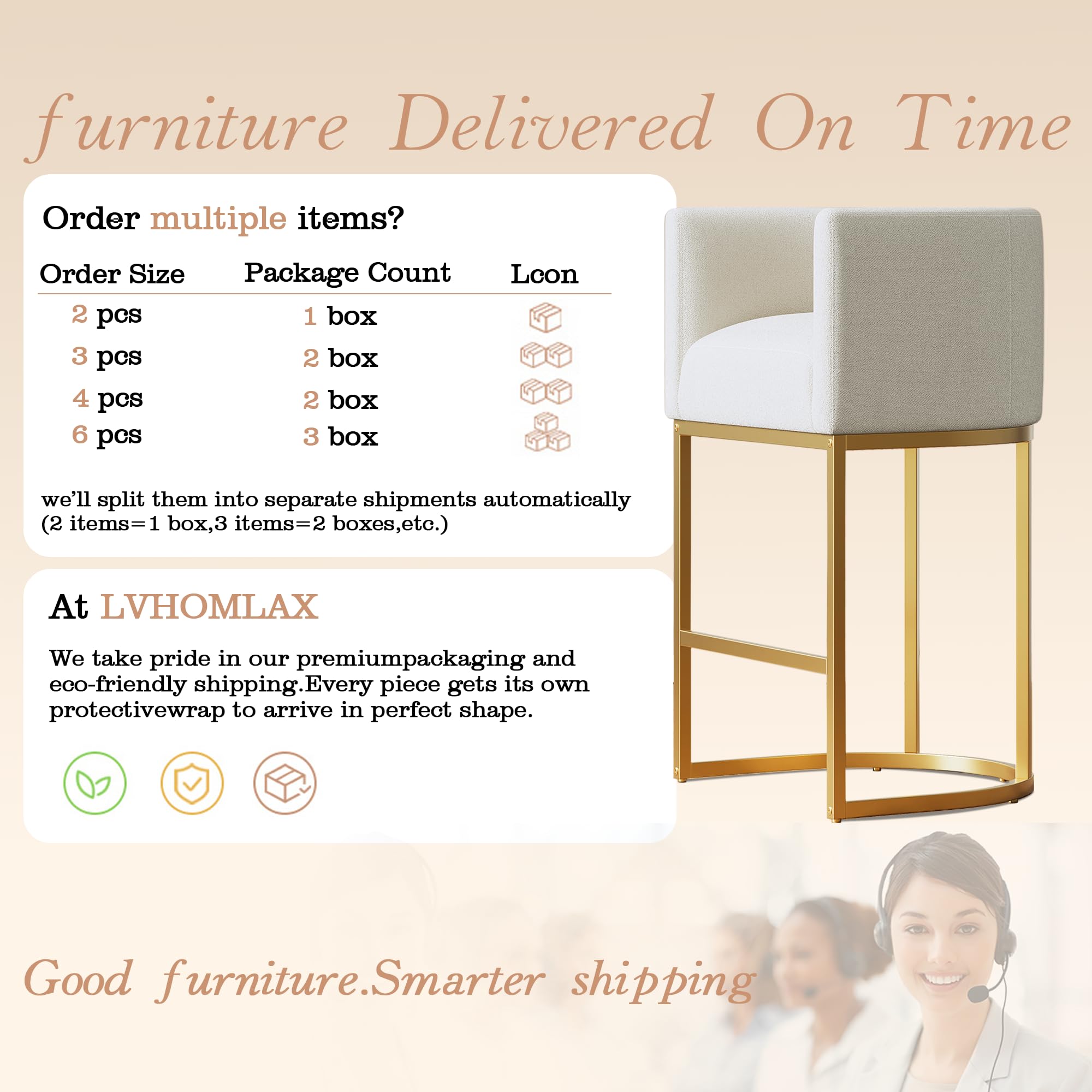 Modern Counter Height Bar Stools,Bar Stools Set of 3,Fabric Upholstered Barrel Barstools with Backs,26'' Kitchen Island Chairs,Metal Gold Frames,Off White Linen