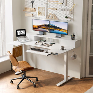 U Shaped Electric Standing Desk with Drawers, 55 Inch Height Adjustable Desk with Keyboard Tray ＆ Ergonomic Monitor Stand, Sit Stand Table with Power Outlets for Home, Office, White