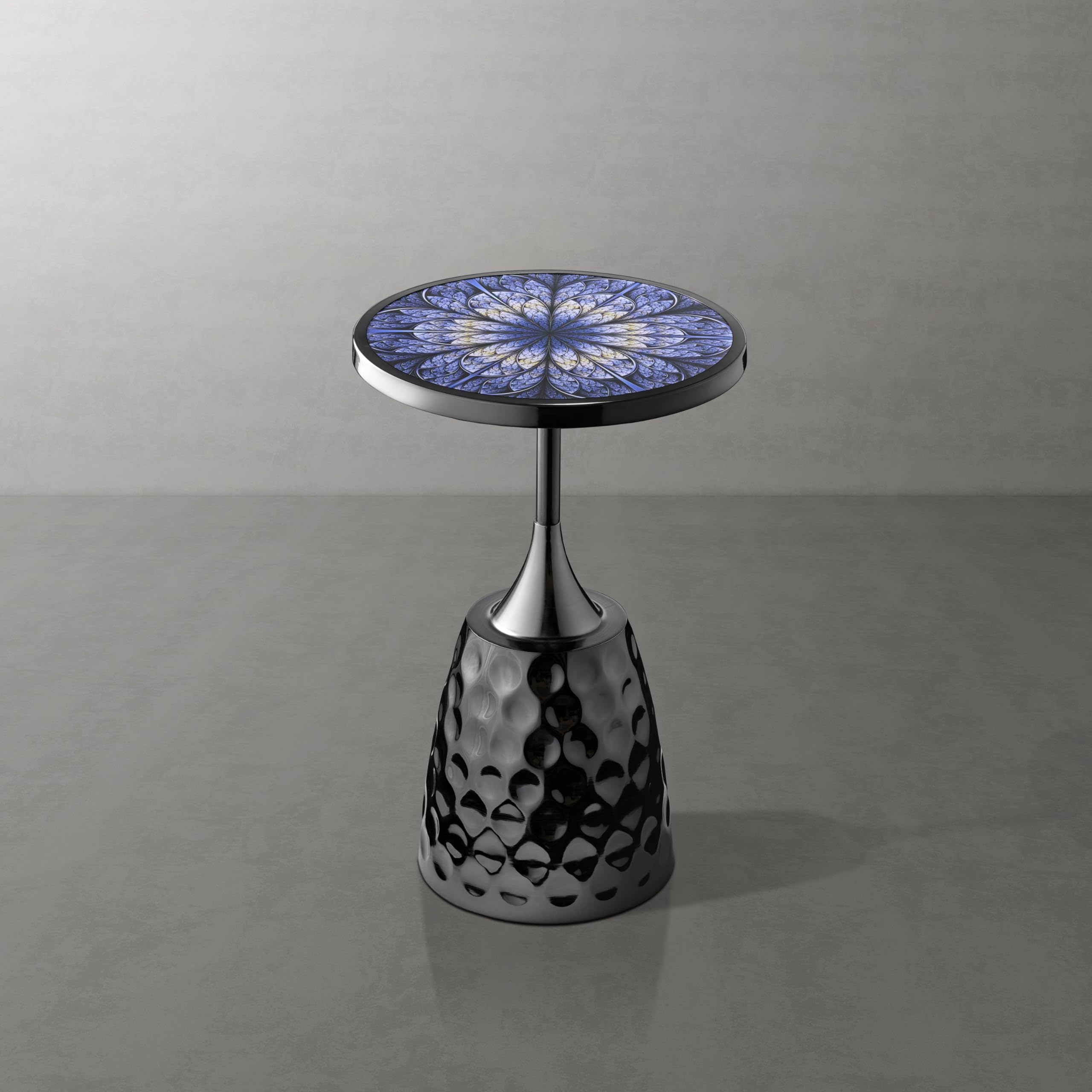 Modern 24" Tall Round End Table with Printed Tabletop and Iron Metal Base, Accent Furniture, Pedestal Stand for Living Room, Home Office, Black with Geometric Floral