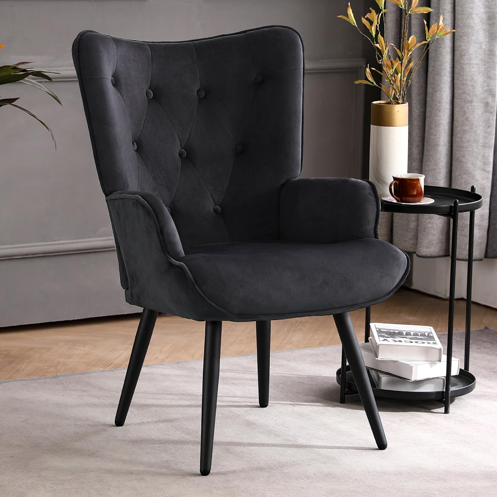 Velvet Accent Chair Modern Upholstered Side Armchair with Tapered Legs Tufted Button Wingback Sofa Chairs Tall Back Reading for Living Room Bedroom Waiting Room, Black