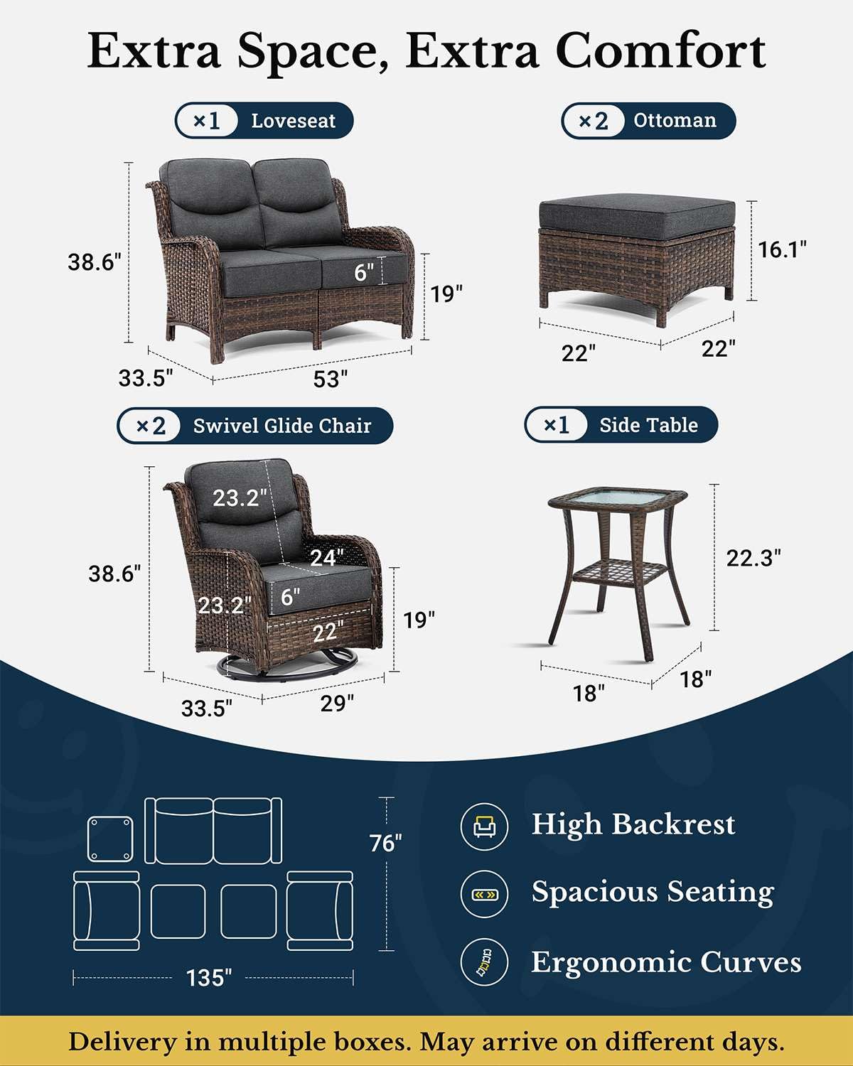 Luxury Patio Furniture Set with 6-inch Thick Cushion, Outdoor Loveseat and High Back Swivel Rocker Patio Chairs, 6PCS Wicker Conversation Set for Deck Yard and Poolside, Dark Grey (V2)