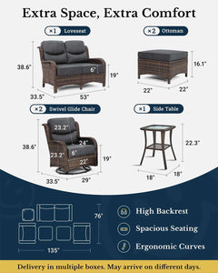 Luxury Patio Furniture Set with 6-inch Thick Cushion, Outdoor Loveseat and High Back Swivel Rocker Patio Chairs, 6PCS Wicker Conversation Set for Deck Yard and Poolside, Dark Grey (V2)