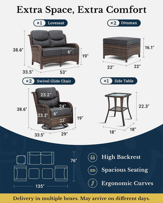 Luxury Patio Furniture Set with 6-inch Thick Cushion, Outdoor Loveseat and High Back Swivel Rocker Patio Chairs, 6PCS Wicker Conversation Set for Deck Yard and Poolside, Dark Grey (V2)