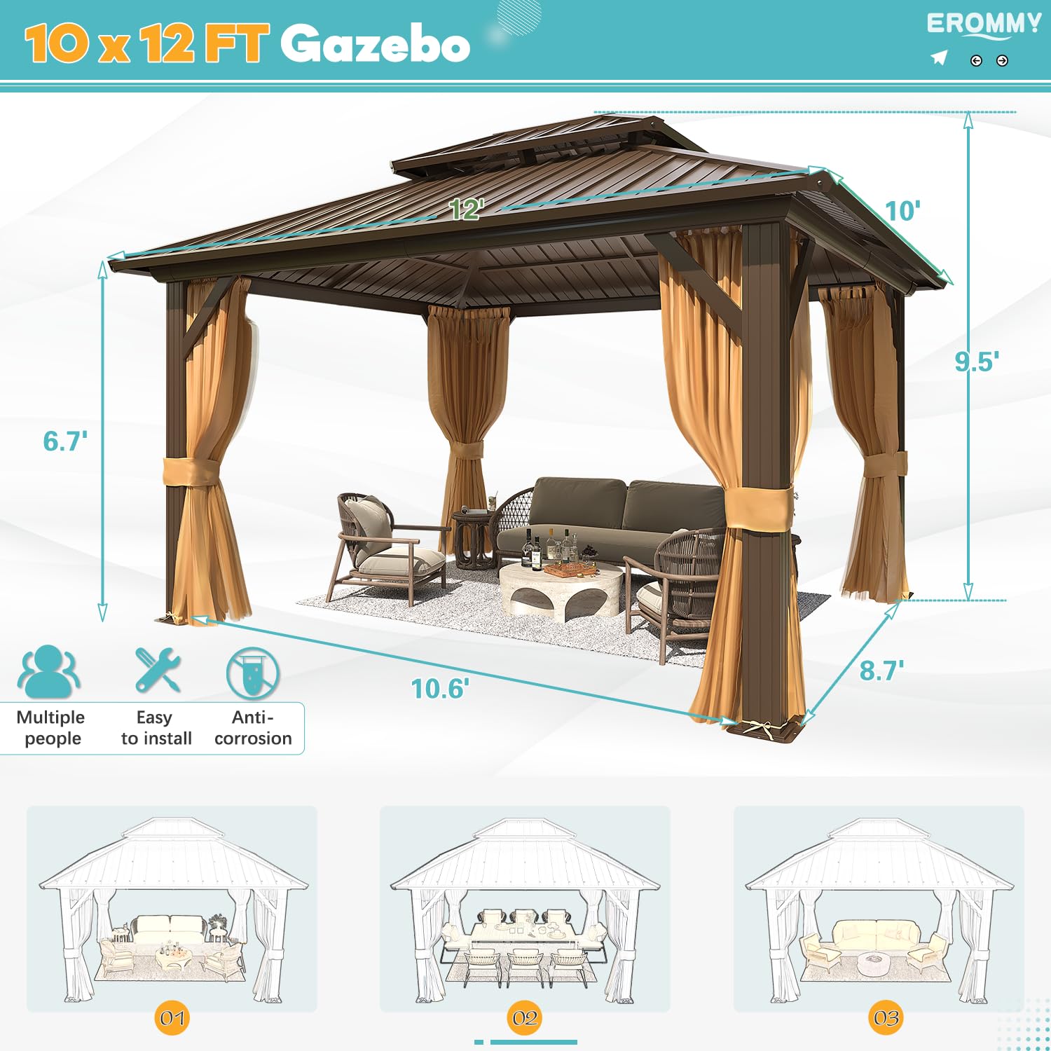 10' x 12' Hardtop Gazebo, Aluminum Frame Gazebos with Galvanized Steel Double Roof, Permanent Outdoor Metal Pavilion with Curtain and Netting for Patio, Lawn, Deck