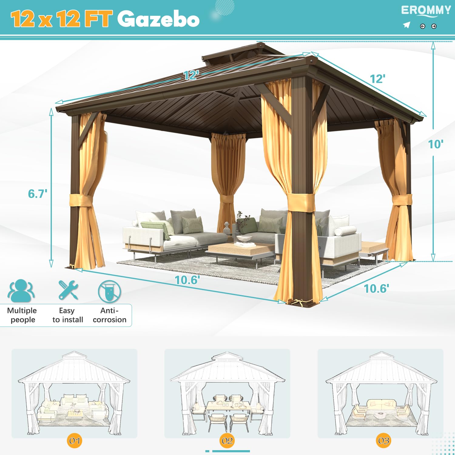 12' x 12' Hardtop Gazebo, Aluminum Frame Gazebos with Galvanized Steel Double Roof, Permanent Outdoor Metal Pavilion with Curtain and Netting for Patio, Lawn, Deck