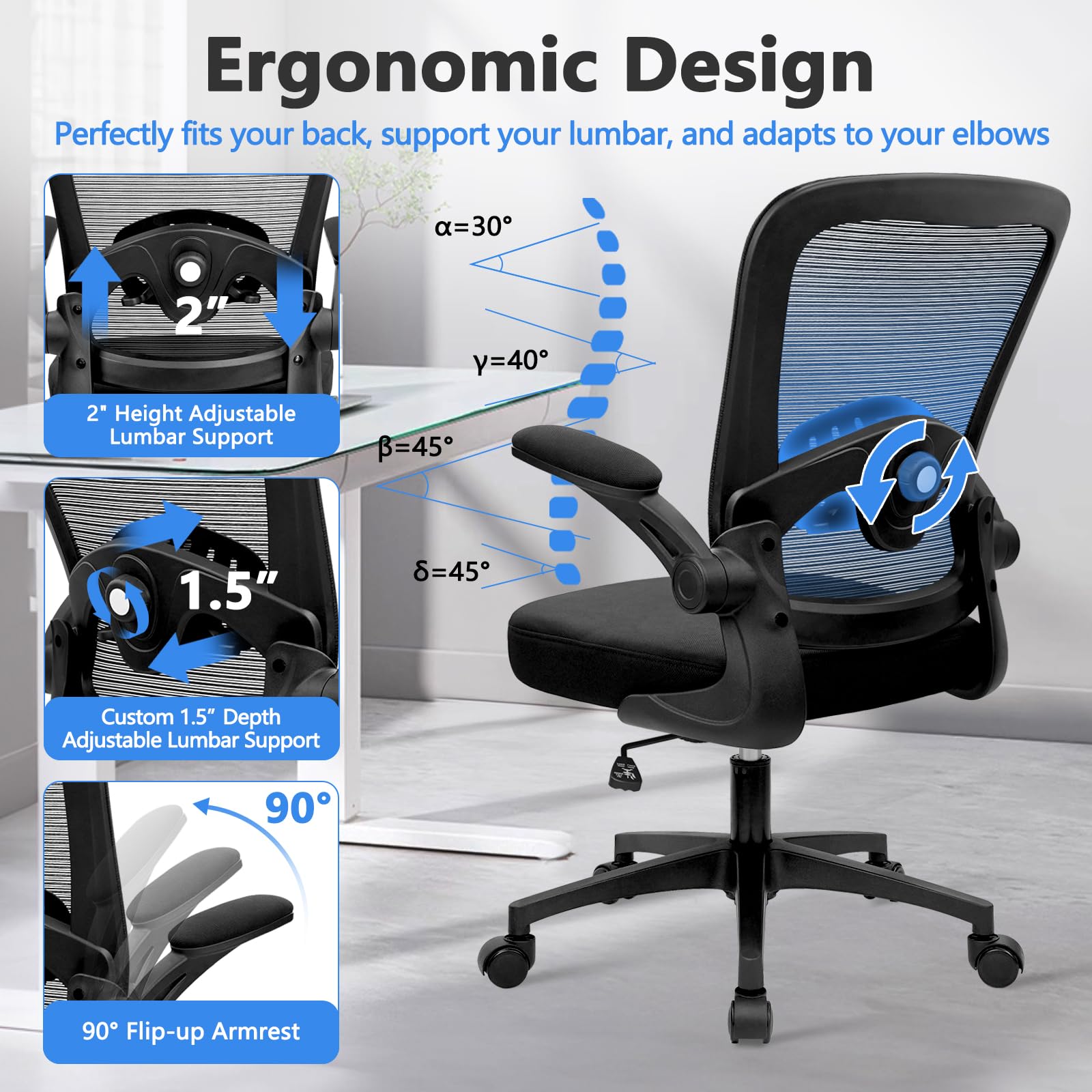Home Office Desk Chair with Flip Up Armrests, Mesh Back Chair with Adjustable Height Lumbar Support, Ergonomic Computer Task Chair with Wheels for School, Conference, Black(8PK)
