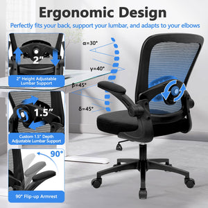 Home Office Desk Chair with Flip Up Armrests, Mesh Back Chair with Adjustable Height Lumbar Support, Ergonomic Computer Task Chair with Wheels for School, Conference, Black(2PK)