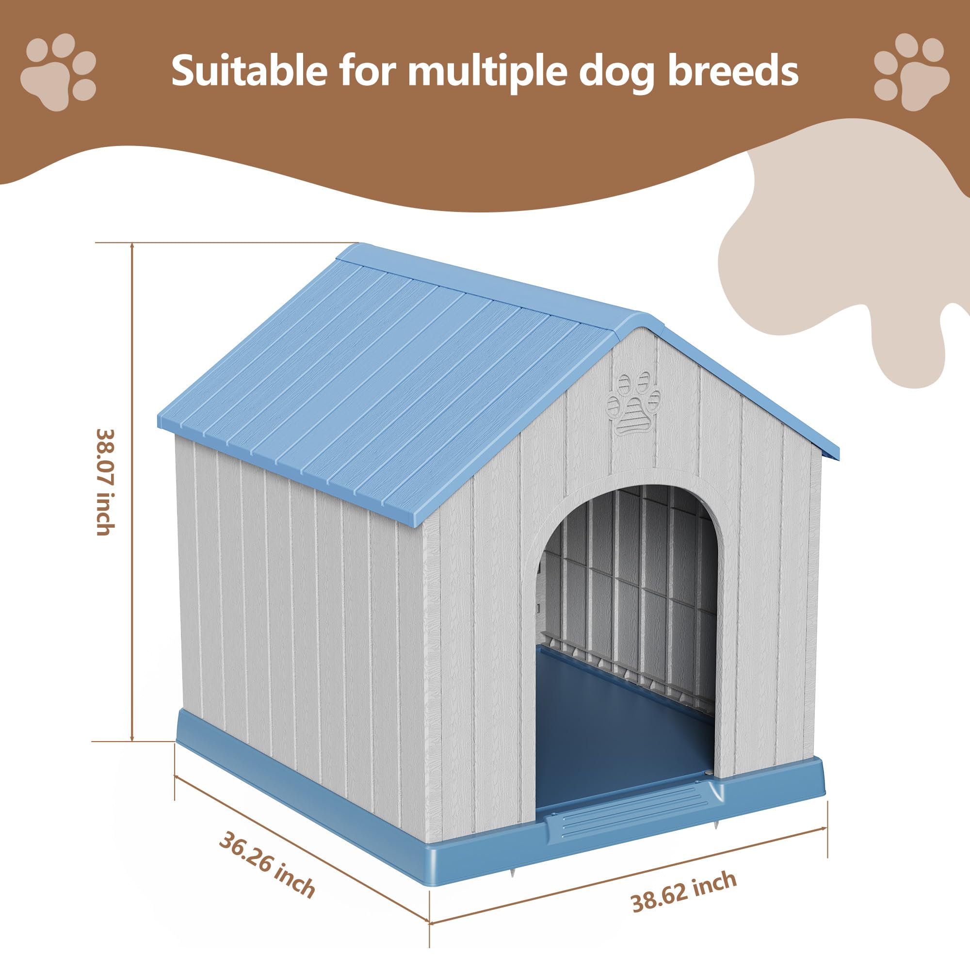 Large Dog House Indoor Outdoor Waterproof,Puppy Shelter with Air Vents and Elevated Floor,Sturdy Dog Kennel for Small to Large Sized Dogs, Easy to Assemble (Blue, 38.62×36.26×38.07 Inches)