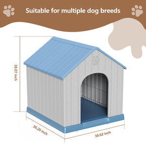 Large Dog House Indoor Outdoor Waterproof,Puppy Shelter with Air Vents and Elevated Floor,Sturdy Dog Kennel for Small to Large Sized Dogs, Easy to Assemble (Blue, 38.62×36.26×38.07 Inches)