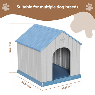 Large Dog House Indoor Outdoor Waterproof,Puppy Shelter with Air Vents and Elevated Floor,Sturdy Dog Kennel for Small to Large Sized Dogs, Easy to Assemble (Blue, 38.62×36.26×38.07 Inches)