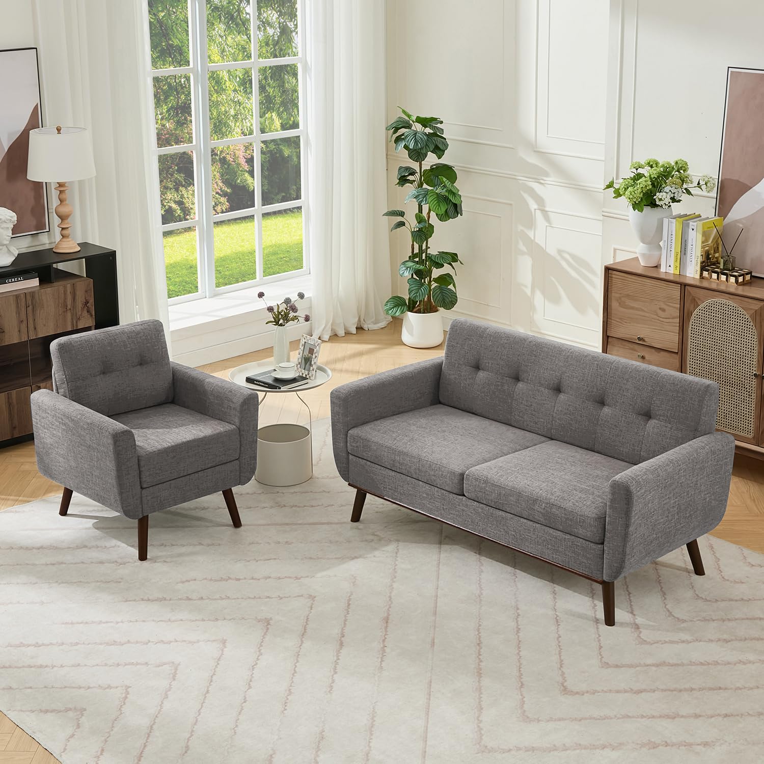 Living Room Furniture Sets, Loveseat & Accent Chair, Mid Century Modern Decor Sofa Couches, Button Tufted Upholstered Furniture, Gray