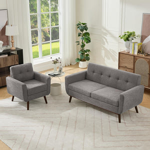 Living Room Furniture Sets, Loveseat & Accent Chair, Mid Century Modern Decor Sofa Couches, Button Tufted Upholstered Furniture, Gray