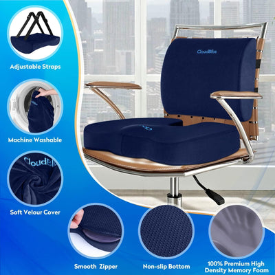 Lumbar Support Pillow & Seat Cushion Set for Office Chair, Desk Chair, Wheelchair & Car – Memory Foam Back Support, Ergonomic Chair Cushions, Sciatica Pain Relief, Home Essentials, Blue