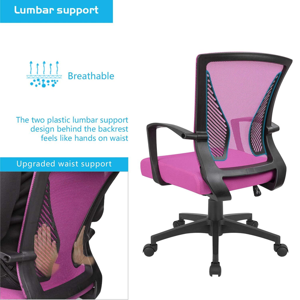 Office Chair Ergonomic Computer Desk Mesh Chair Mid Back Swivel Lumbar Support with Armrest (2, Pink)