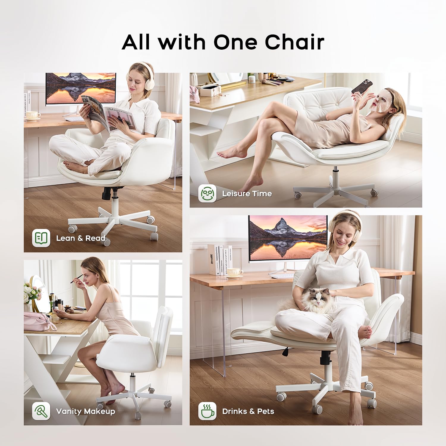 Criss Cross Office Chair, PU Leather Vanity Chair with 5-Level Adjustable Armrests & Swivel, Ergonomic Criss Cross Chair for Home Office Bedroom Makeup（White）