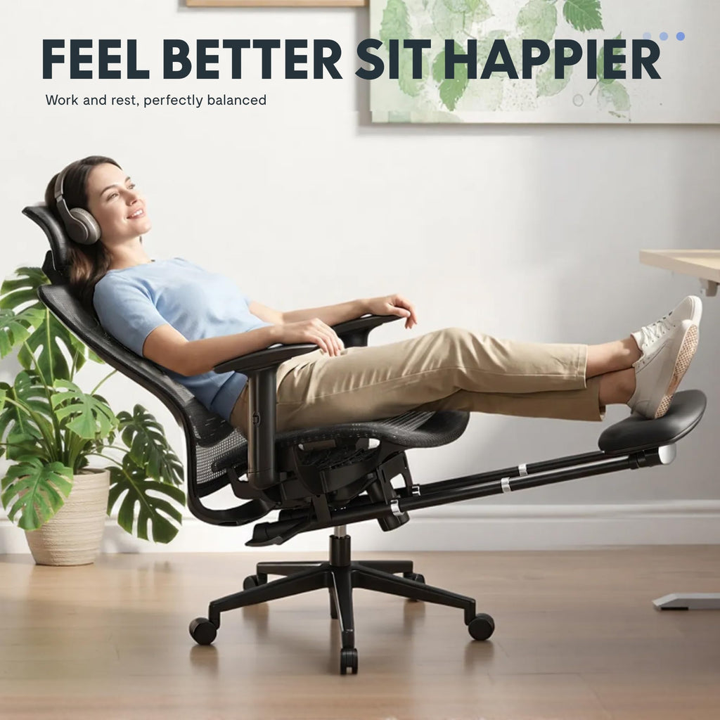 Ergonomic Office Chair with Footrest, Mesh Back Computer Chair, Home Office Desk Chairs, with Adjustable Lumbar Support/2D Headrest/Reliable Base, Black