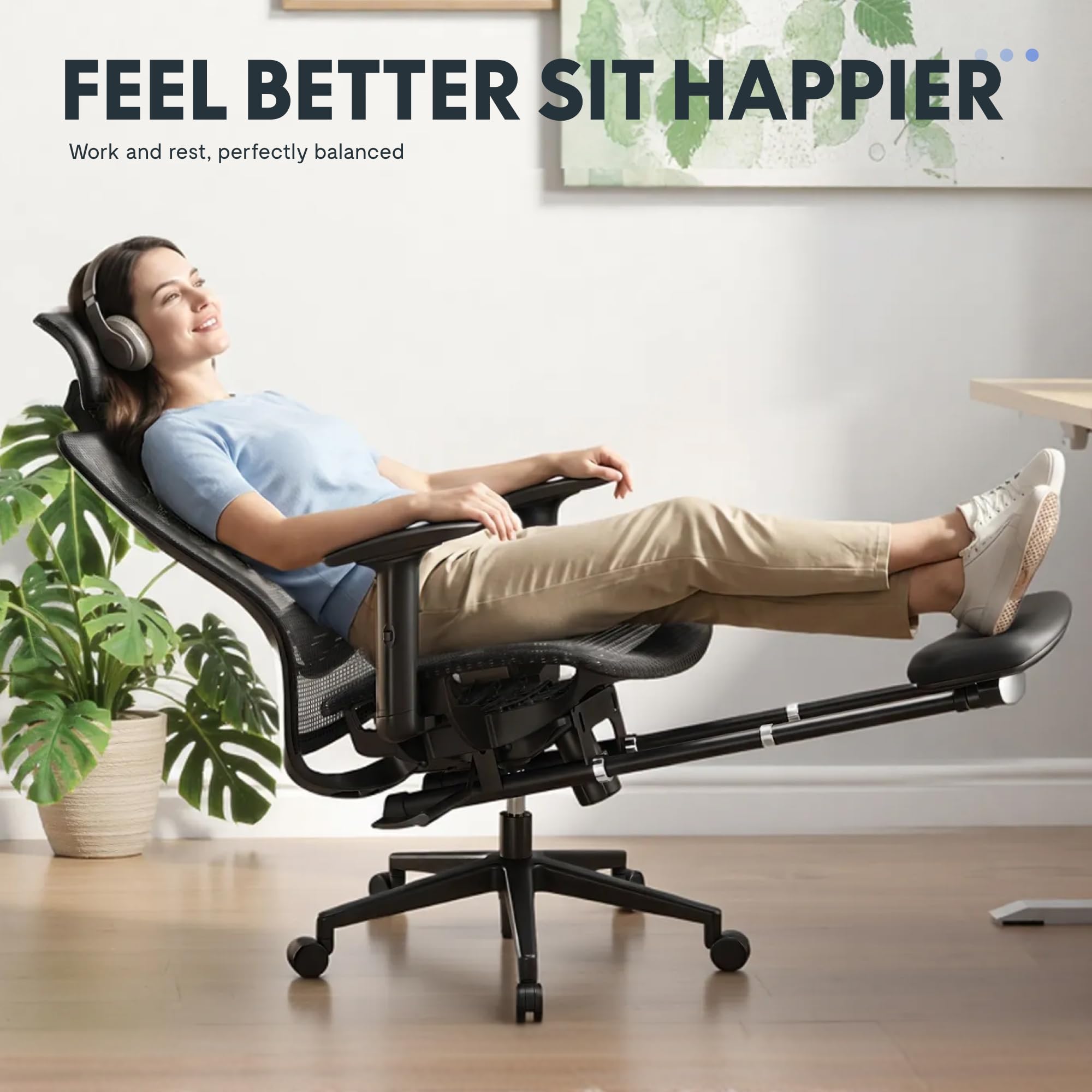 Ergonomic Office Chair with Footrest, Mesh Back Computer Chair, Home Office Desk Chairs, with Adjustable Lumbar Support/2D Headrest/Reliable Base, Black