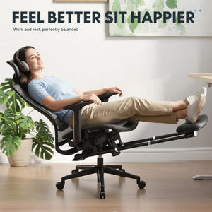 Ergonomic Office Chair with Footrest, Mesh Back Computer Chair, Home Office Desk Chairs, with Adjustable Lumbar Support/2D Headrest/Reliable Base, Black