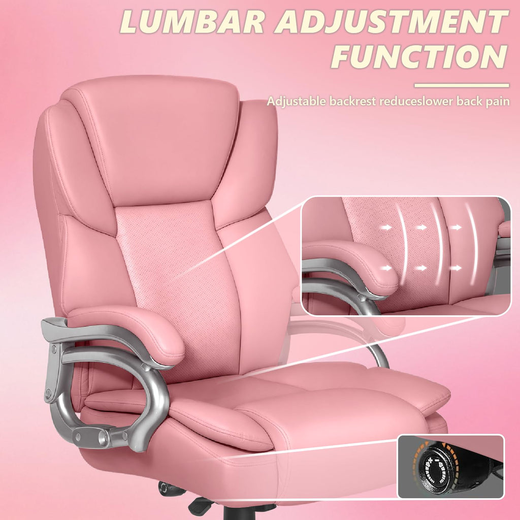 Big and Tall Office Chair,500lbs Capacity Heavy Duty Office Chair for Heavy People, High Back Executive Computer Chair with Adjustable Lumbar Support, Quiet Rubber Wheel (Pink)