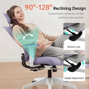 Foldable Office Chair with Foot Rest, Ergonomic Office Chair with Adjustable Lumbar Support, Headrest, Armrest, Home Office Desk Chair for Space Saving, Work from Home, Purple