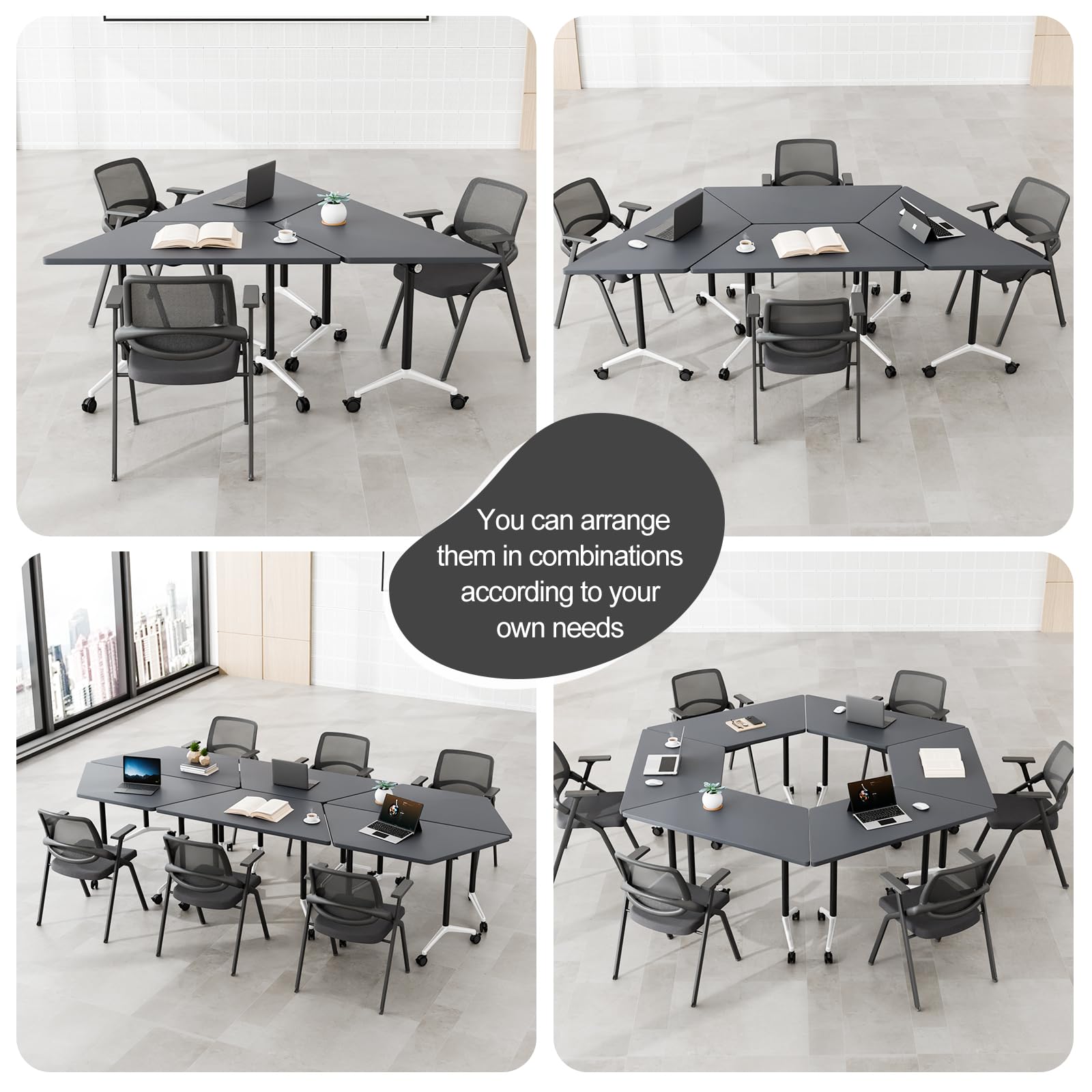 6 Pack Folding Conference Tables with Wheels, 4FT Modern Black Modular Conference Room Table Mobile Trapezoid Foldable Training Table for Office Classroom Meeting (6PACK, Black)