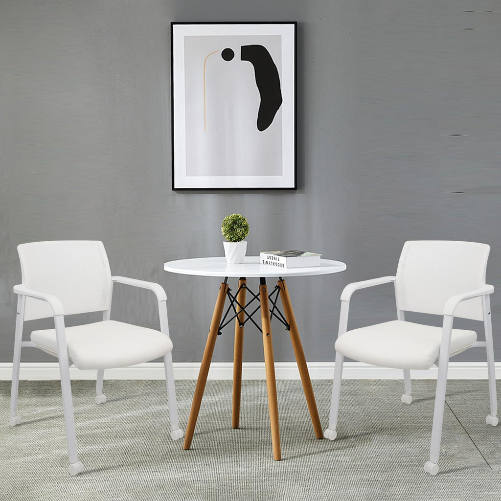 Set of 2, White, Stacking Office Chairs | Mesh Back, Thicken Leather Seat and Arms, Ergonomic Lumber Support | Guest Reception, Waiting, Conference, School, Party, Customer, Side, Stationary |