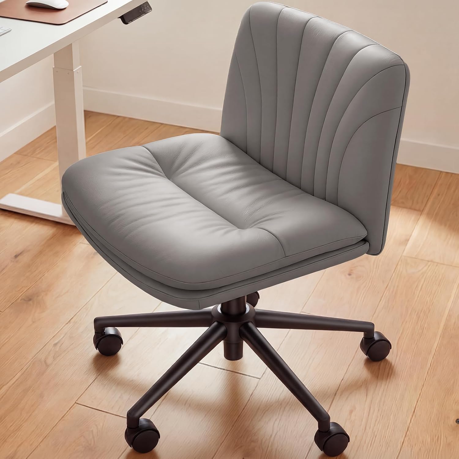Criss Cross Office Chair with Wheels, Armless Wide Desk Chair for Active Sitting, PU Leather Cross Legged Chair for Home Office, Pet-Friendly & Easy Clean, Grey