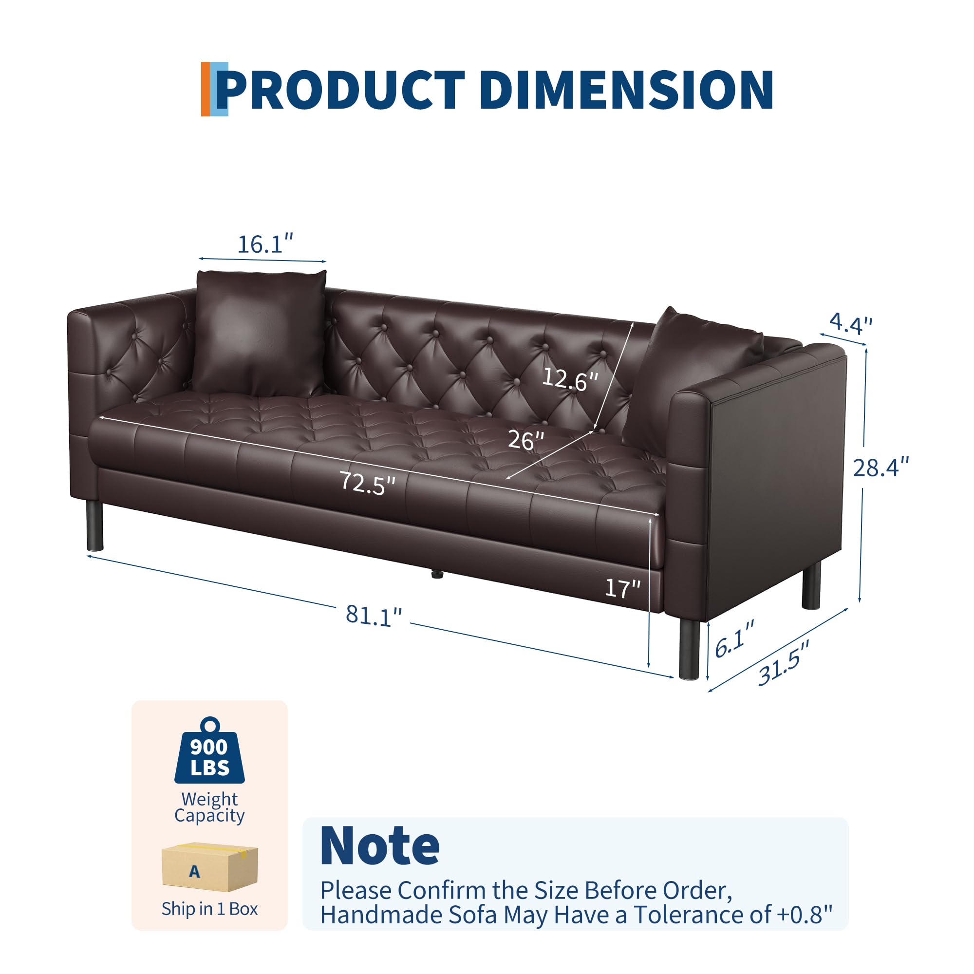 81 in Leather Couch for Living Room, Modern Sofa Couch with Deep Seat and 2 Pillows, Handmade Button Tufted 3 Seater Sofa, Leather Sofa for Apartment, Office, Dark Brown