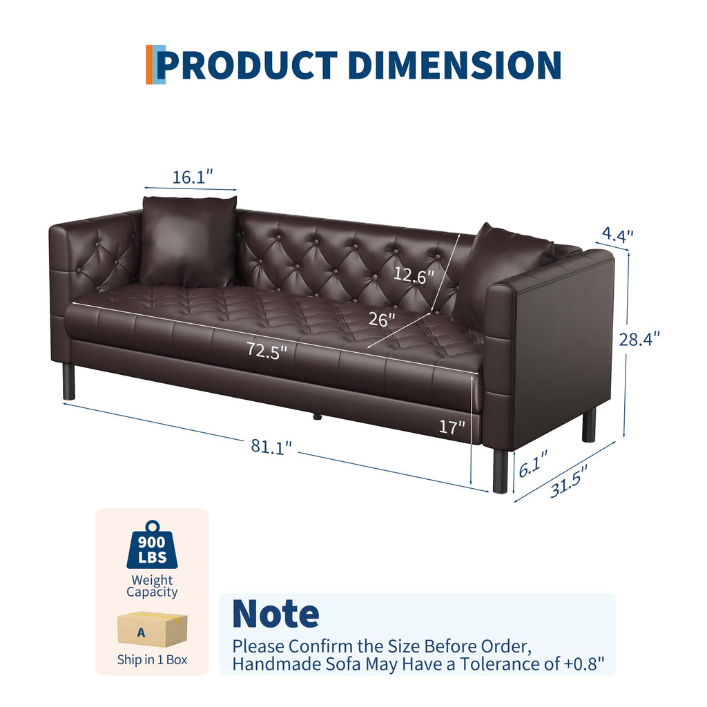 81 in Leather Couch for Living Room, Modern Sofa Couch with Deep Seat and 2 Pillows, Handmade Button Tufted 3 Seater Sofa, Leather Sofa for Apartment, Office, Dark Brown