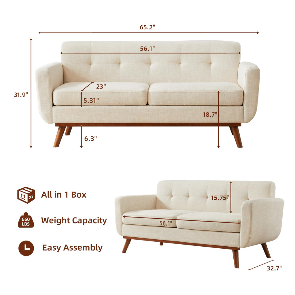 65.2" W Loveseat Sofa, Mid Century Modern Decor Love Seat Couches for Living Room, Button Tufted Upholstered Furniture, Easy to Install Small Couch for Bedroom Office Apartment, Cream White