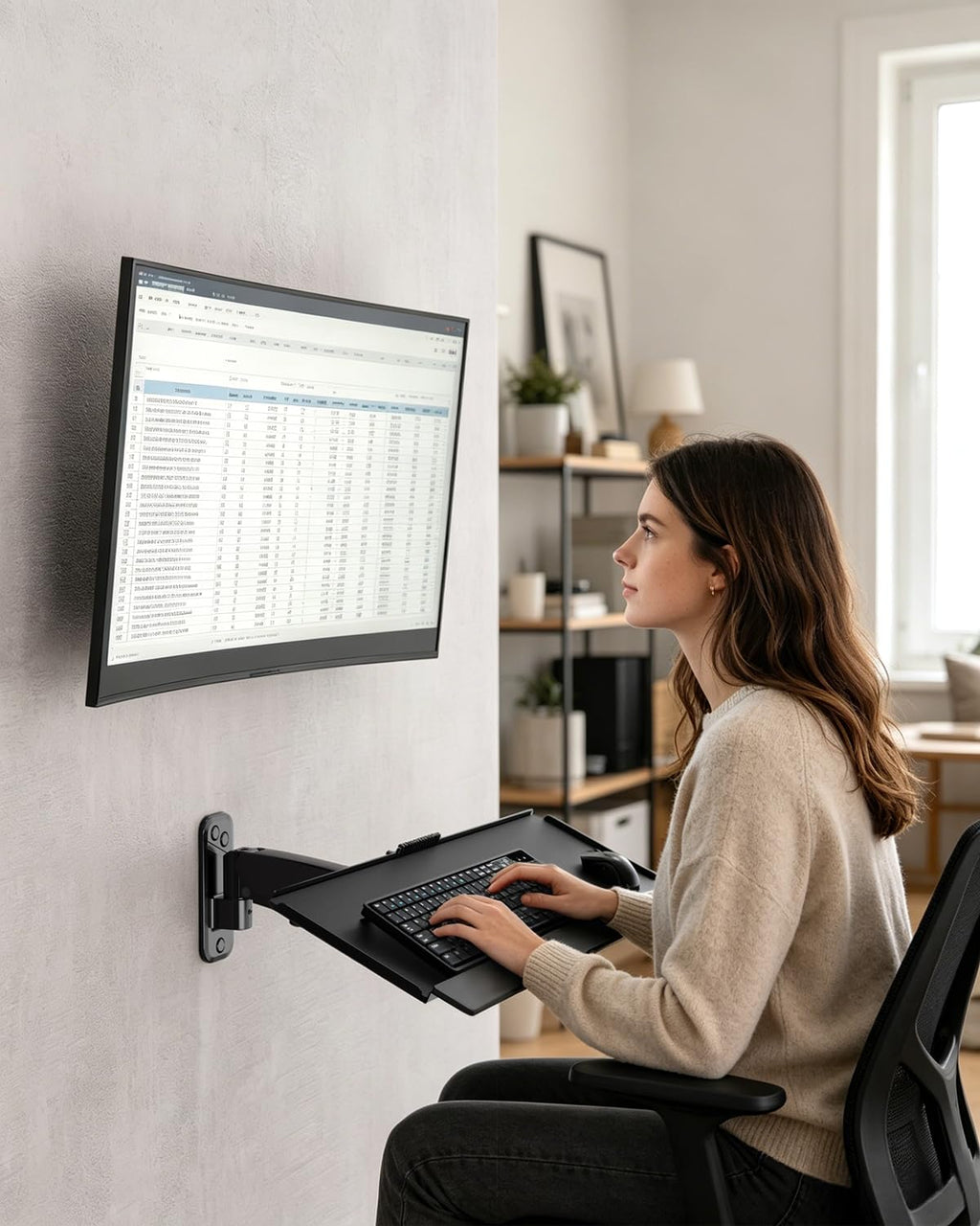 Compact Wall Mount Keyboard Tray, Sit Stand 26 Inch Keyboard and Mouse Wall Mount with Spring Arm, Height Adjustable Ergonomic Typing Platform with Anti-Slip & Wrist Pad, Holds up to 19.8 lbs