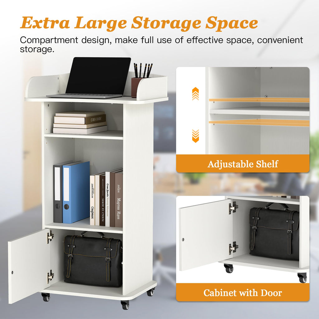 Podium Stand with Metal Wheels Wooden Lectern Podium Stand Portable Pulpit Standing with Storage Mobile Reception Podiums Desk for Church Office School Conference Restaurant Meeting, White